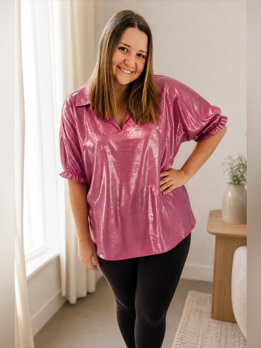 Jodifl Oversized Metallic Pink V-Neck Balloon Sleeve Top